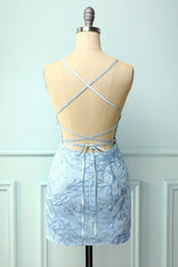 Light Blue Tight Hoco Dress with Appliques
