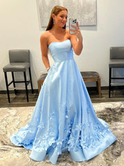 Strapless A-Line Light Blue Long Prom Dress With Flower