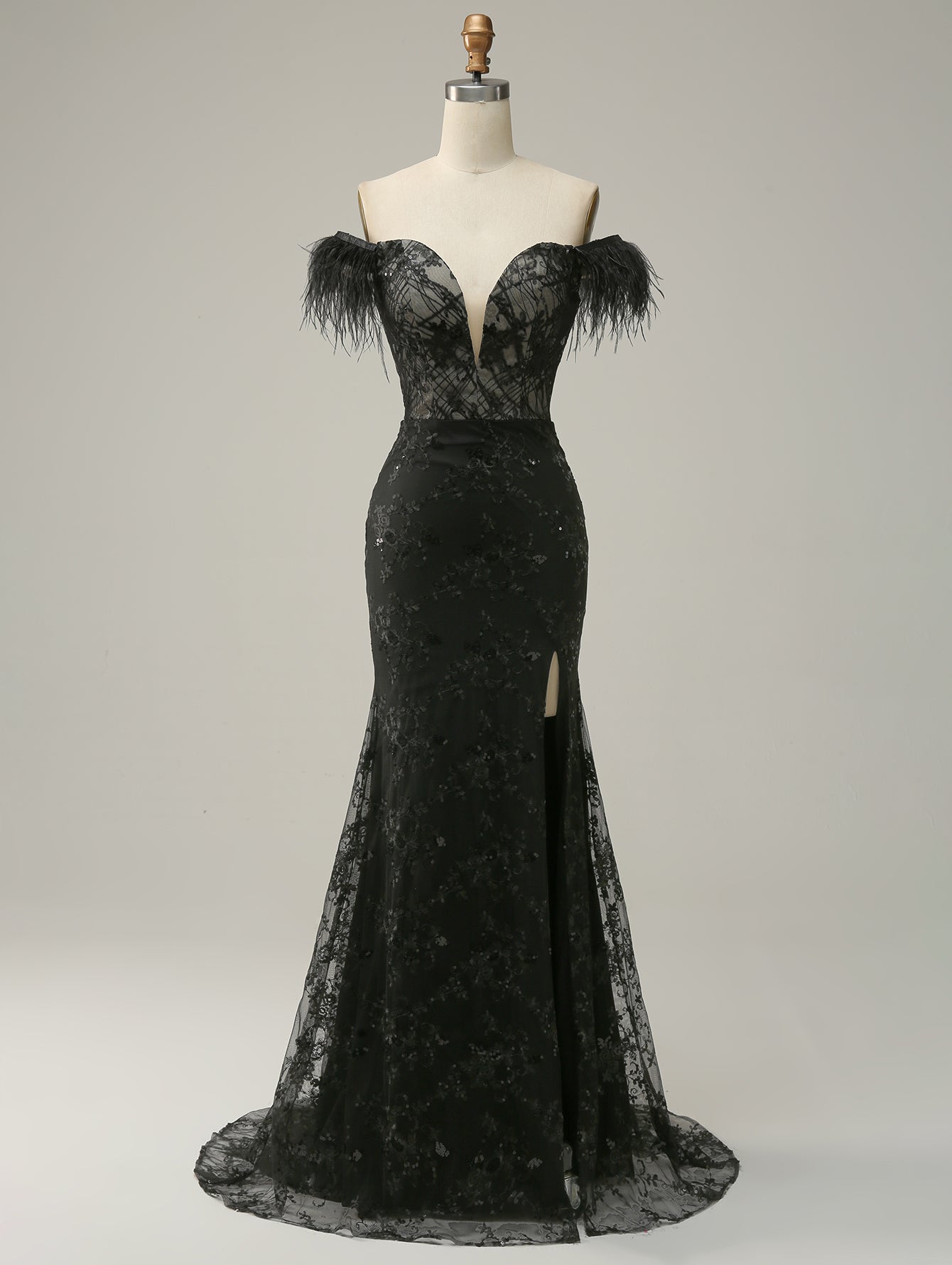 Strapless V Neck Feather Glitter Mermaid Black Long Prom Dress
