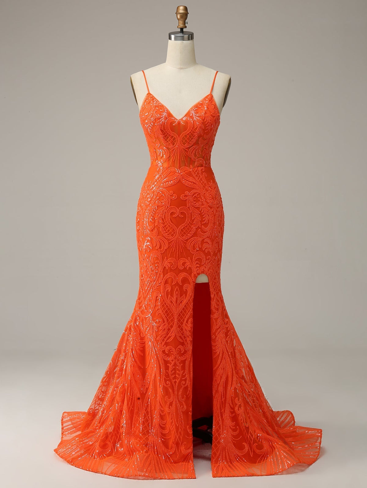 Orange V Neck Glitter Mermaid Long Prom Dress With Slit