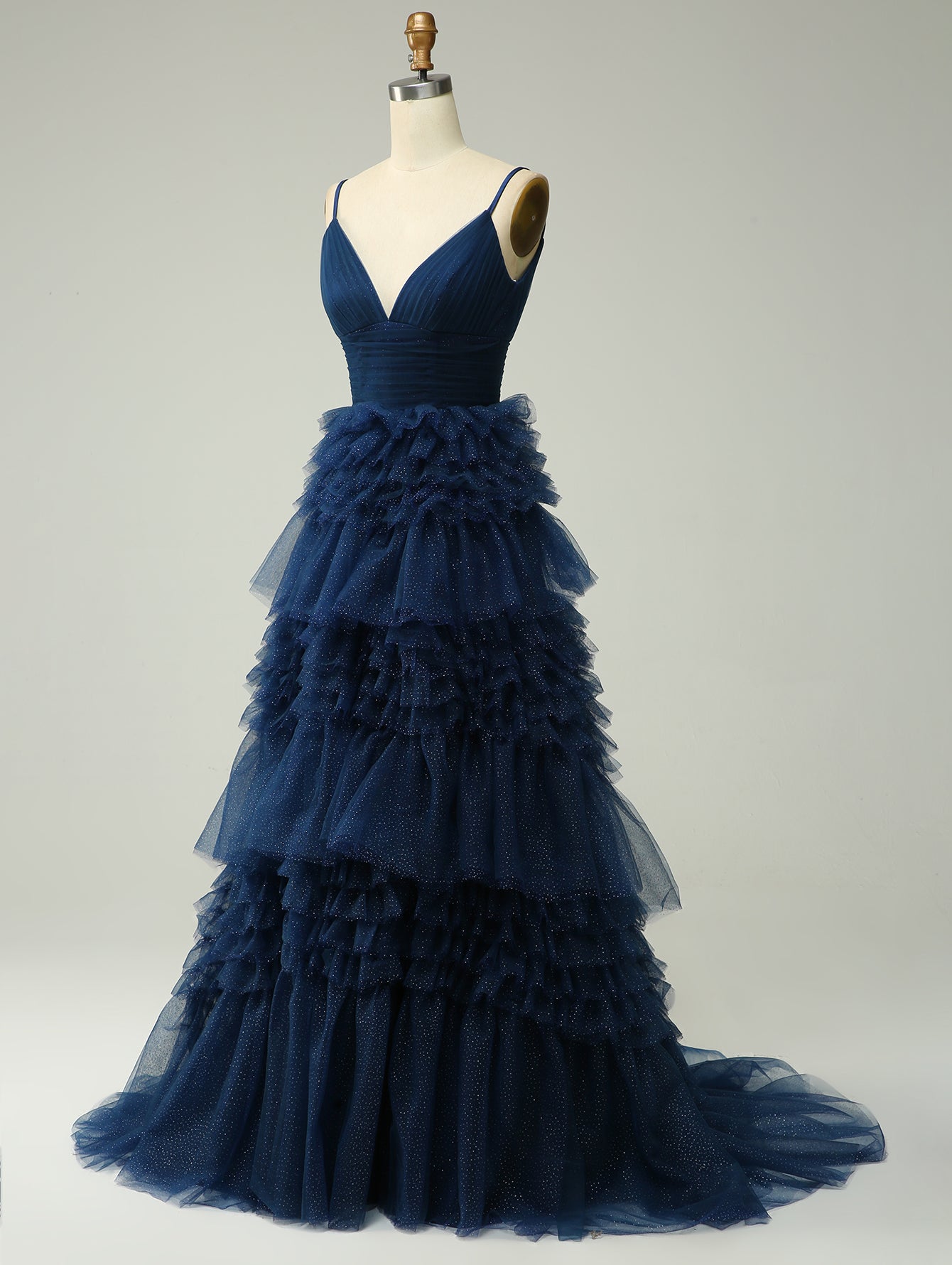 Navy Blue A-Line Deep V Neck Tiered Long Prom Dress