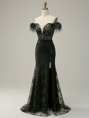 Strapless V Neck Feather Glitter Mermaid Black Long Prom Dress