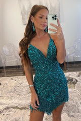 Sparkly Sheath Spaghetti Straps Peacock Blue Sequins Short Homecoming Dress with Tassel