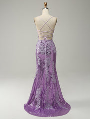 Sparkly Mermaid Lilac Backless Long Prom Dress with Applique