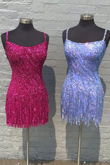 Sparkly Sheath Spaghetti Straps Fuchsia Sequins Short Homecoming Dress with Criss Cross Back