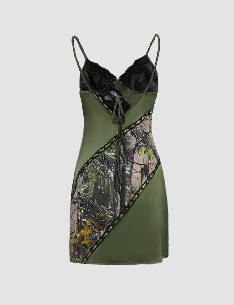 Green Forest Lace Patchwork Cami Dress