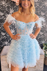A Line Off the Shoulder Light Blue Short Homecoming Dress with Feather