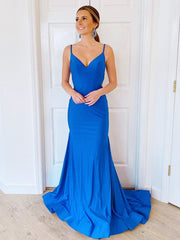 Blue Satin Tight Long Prom Dress