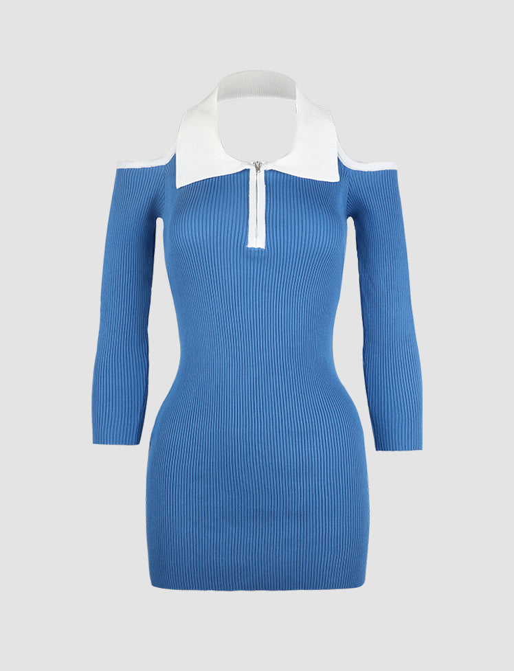 Blue Lapel Off-the-shoulder Knitted Mini Dress