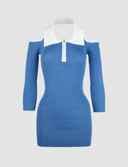 Blue Lapel Off-the-shoulder Knitted Mini Dress