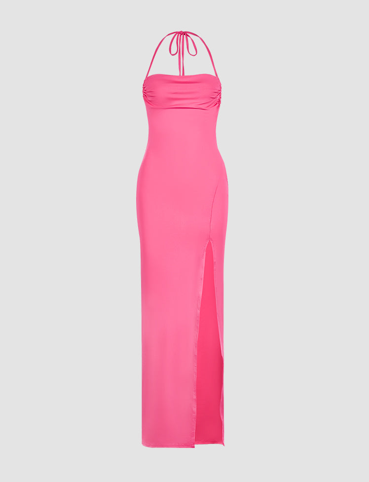 Solid Color Halter Backless Slit Dress