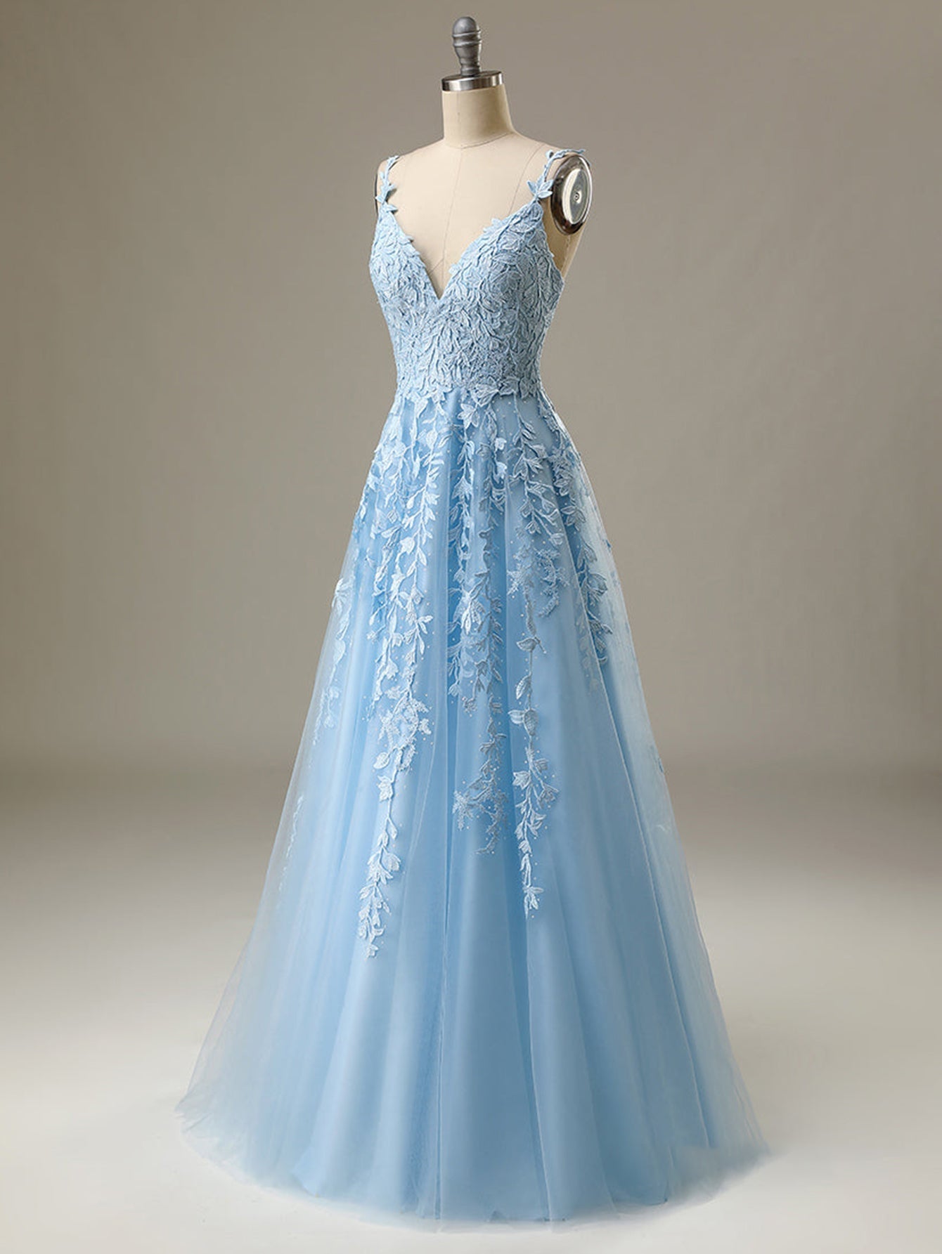 A Line Sky Blue Tulle Long Prom Dress