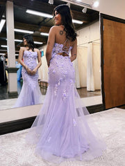 Purple Floral Long Prom Dress With Applique
