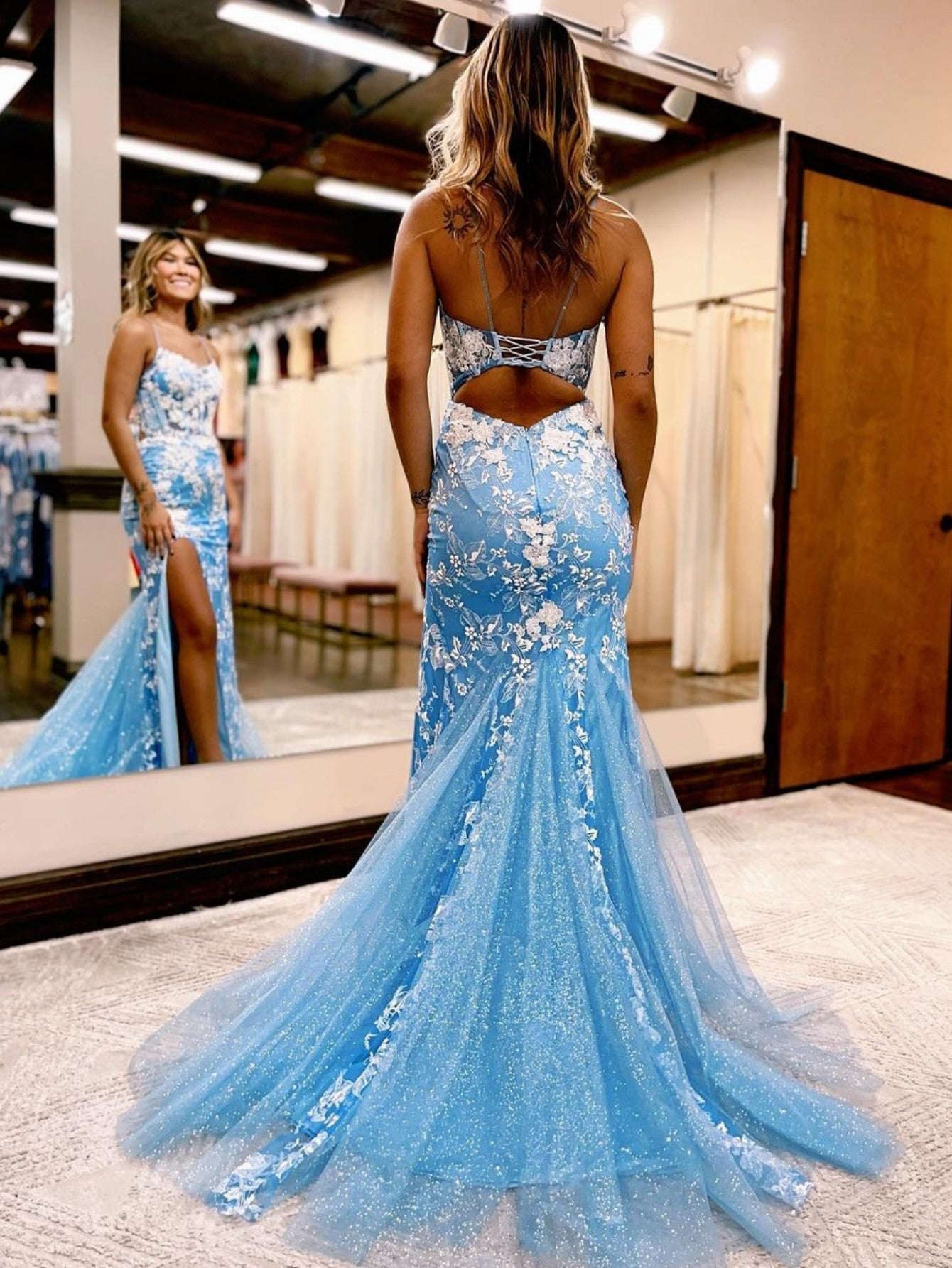 Blue Floral Long Prom Dress with Slit