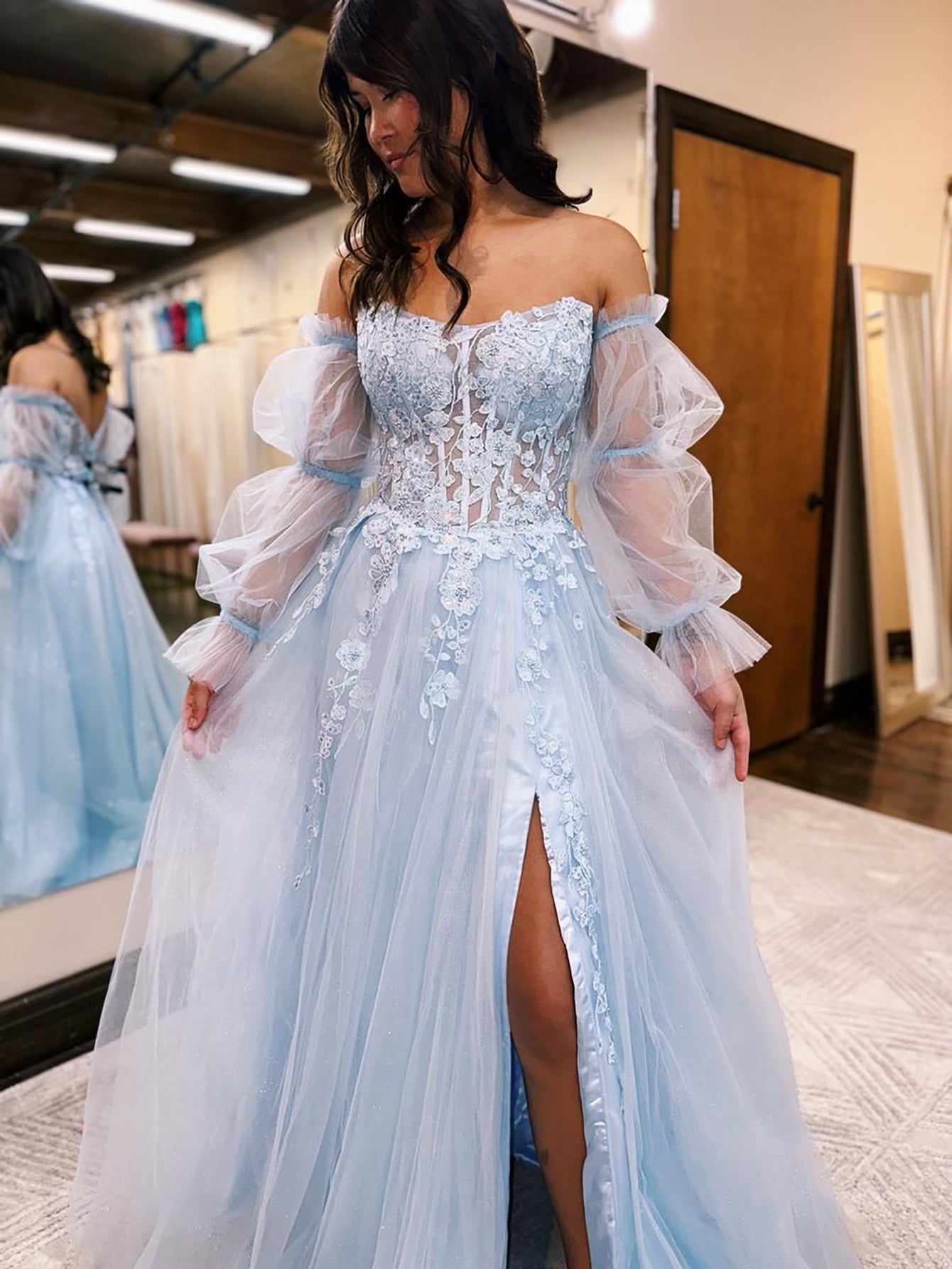 A Line Light Blue Tulle Long Prom Dress With Removable Sleeves
