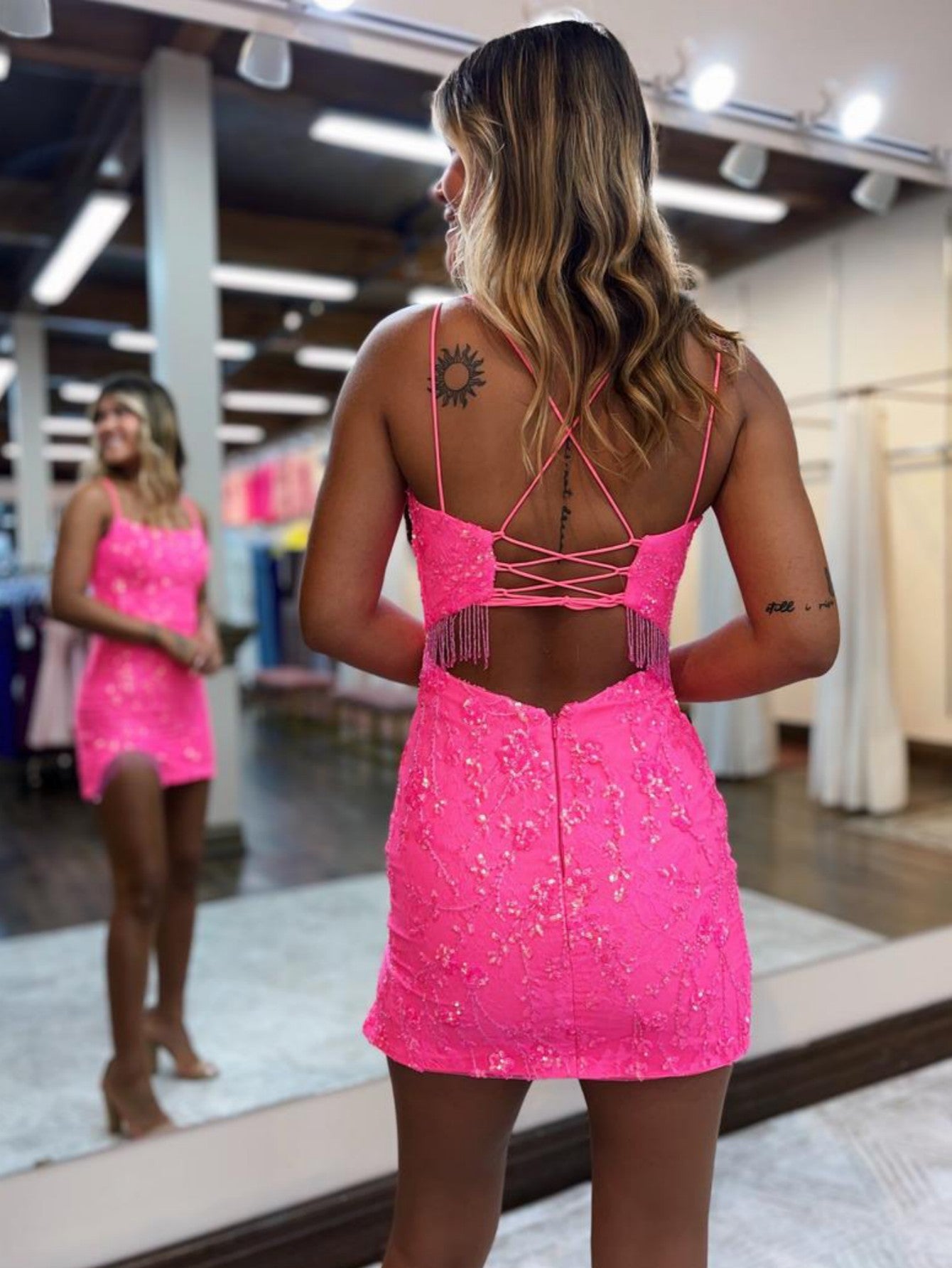 Pink Backless Tassels Short Homecoming Dress