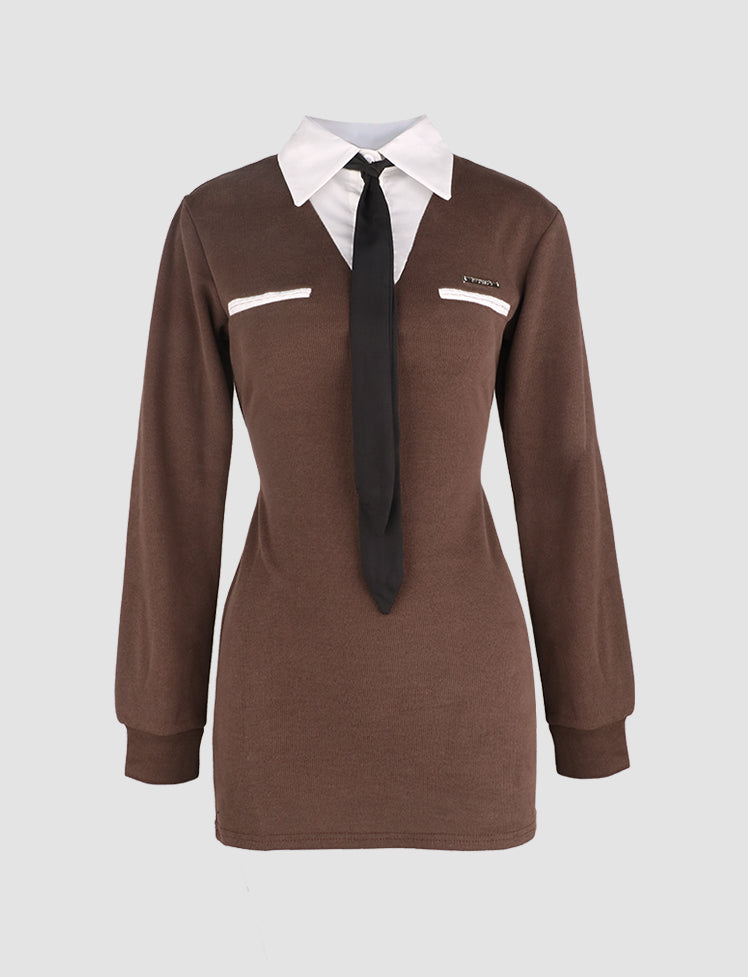 Brown Two Piece Long Sleeve Shirt Knit Mini Dress