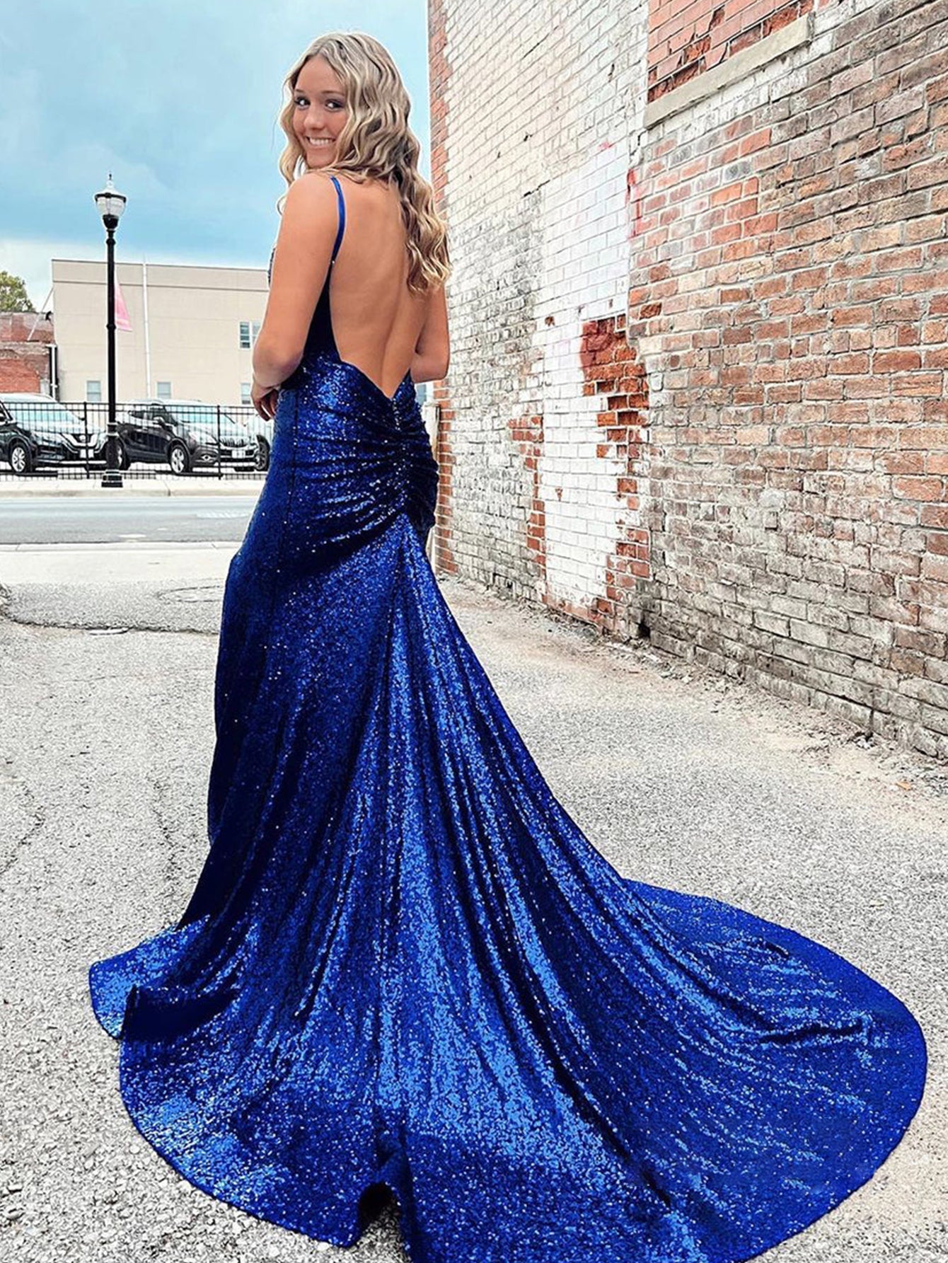 Sparkly Mermaid Royal Blue V Neck Long Prom Dress