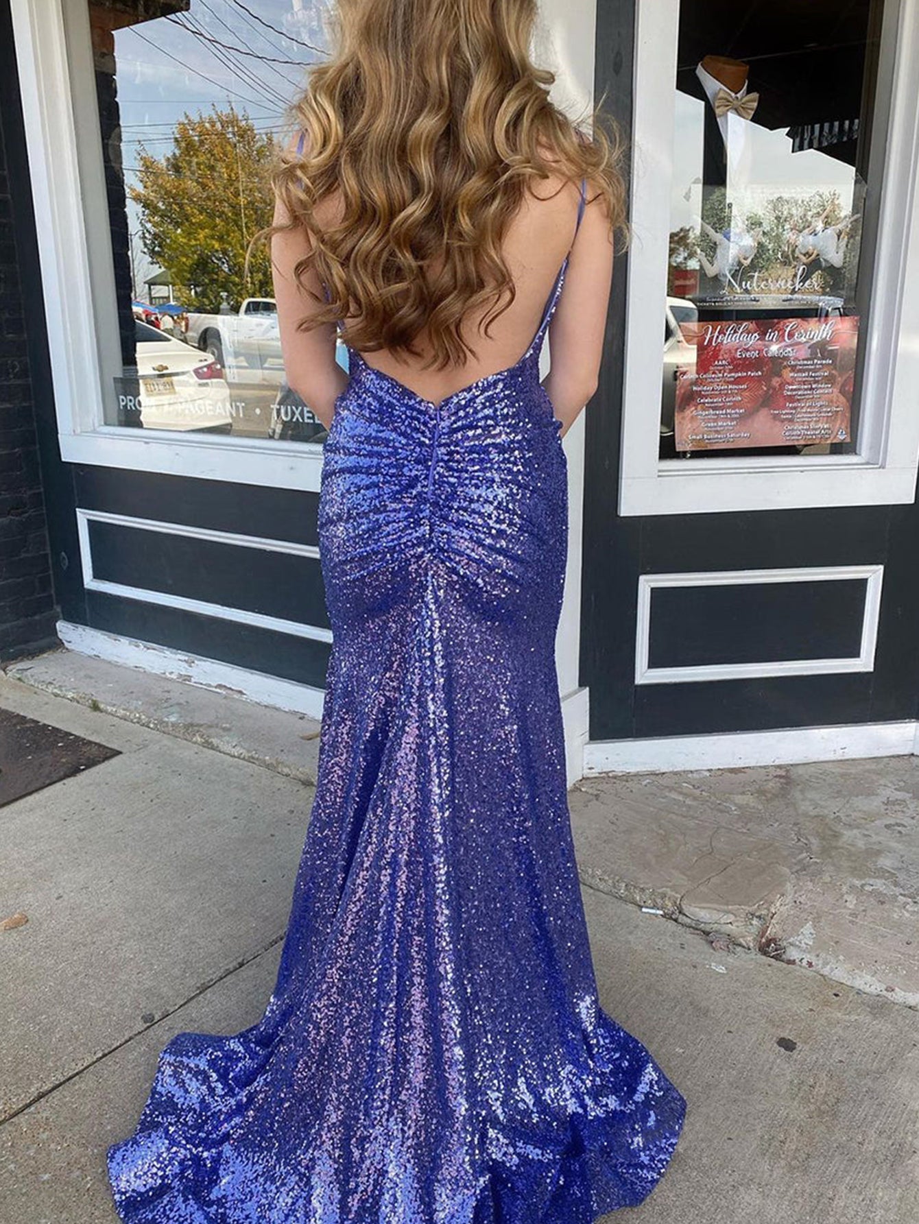 Sparkly Mermaid Royal Blue V Neck Long Prom Dress