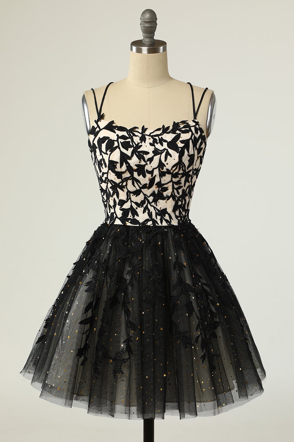 A Line Spaghetti Straps Black Short Homecoming Dress with Appliques