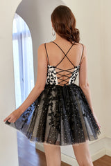 Stylish A Line Spaghetti Straps Black Short Homecoming Dress with Appliques