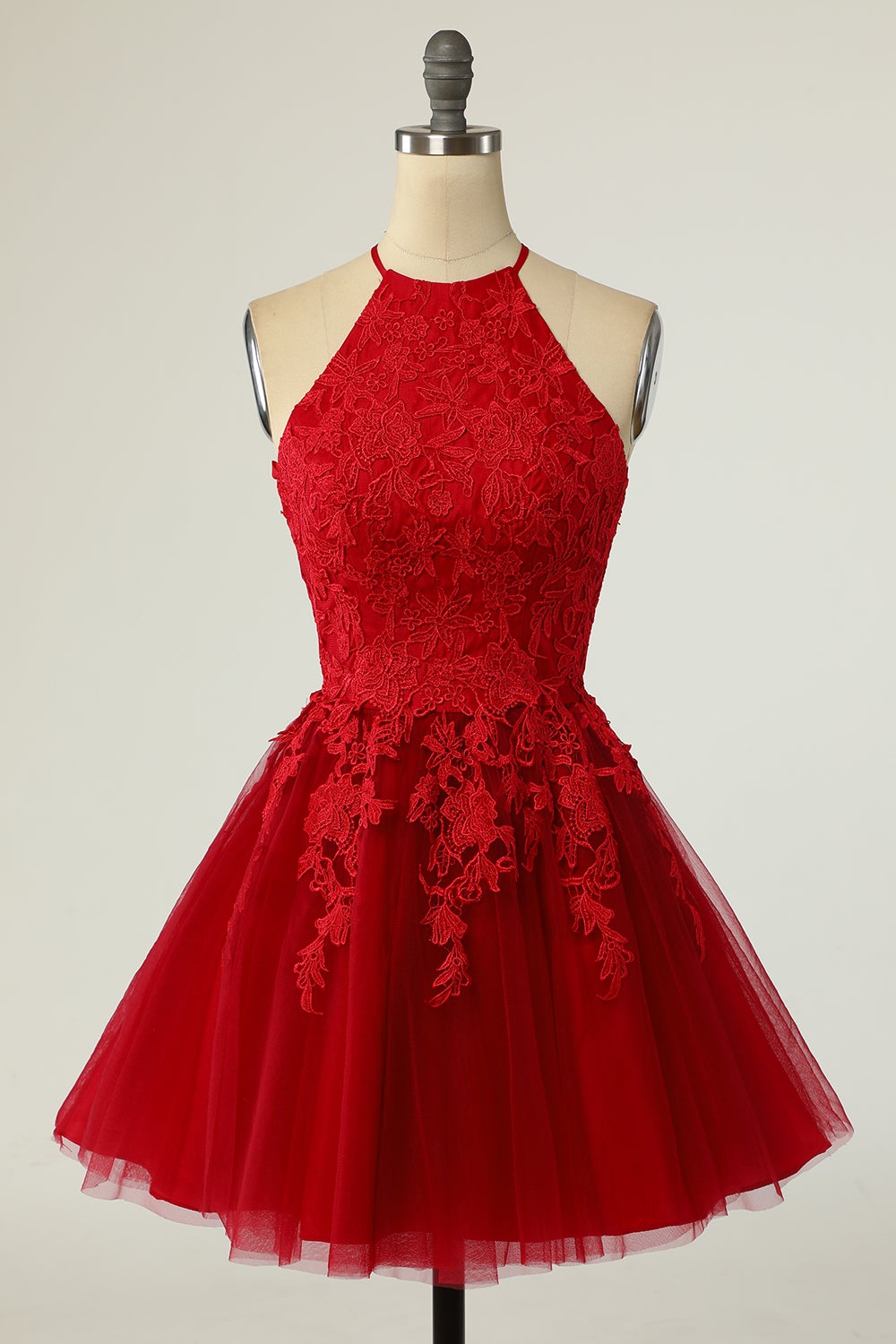 A Line Halter Red Short Homecoming Dress with Appliques