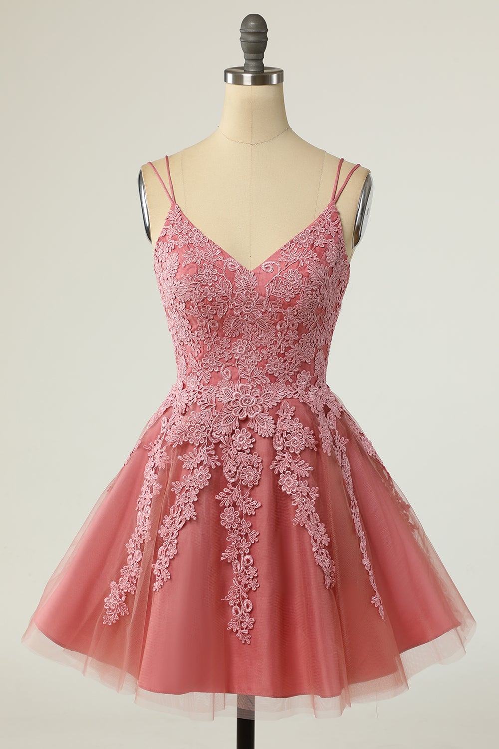 A Line Spaghetti Straps Blush Short Homecoming Dress with Appliques