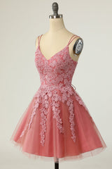 A Line Spaghetti Straps Blush Short Homecoming Dress with Appliques