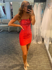 Strapless Sleeveless Red Sequins Bodycon Homecoming Short Dress