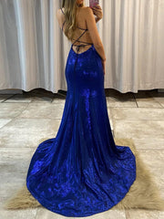 V Neck Sparkly Mermaid Royal Blue Long Prom Dress With Slit