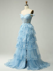 Light Blue A-Line V Neck Tiered Long Prom Dress