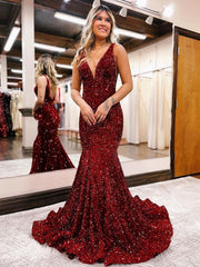 Glitter Mermaid V Neck Purple Bodycon Beading Long Prom Dress with Sequins