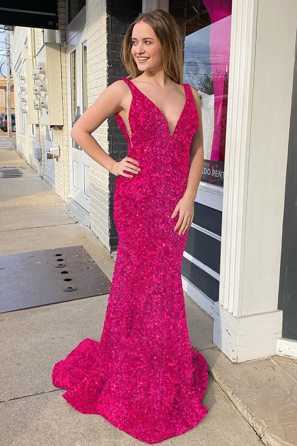 Glitter Mermaid V Neck Purple Bodycon Beading Long Prom Dress with Sequins