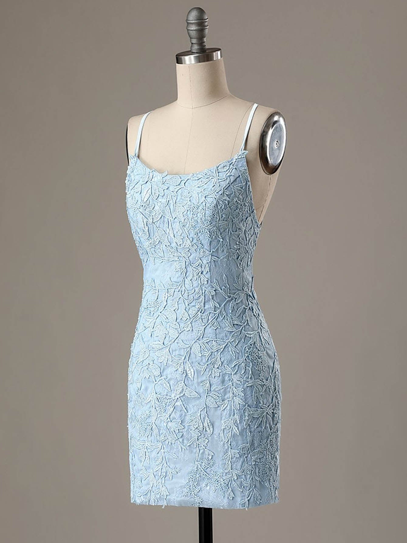 Spaghetti Straps Bodycon Sky Blue Homecoming Short Dress with Appliques