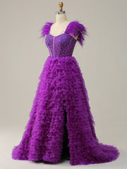 Purple A Line Strapless Tiered Tulle Long Prom Dress With Slit
