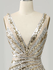 Sleeveless V Neck Stripes Golden Deep Long Prom Dress with Slit
