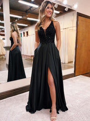 Black V Neck Glitter Sequins Long Prom Dress With Slit
