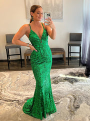 Green Mermaid V Neck Long Prom Dress