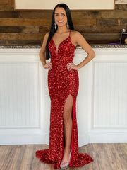 Sparkly Mermaid Red V Neck Long Prom Dress With Slit