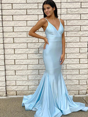 Mermaid V Neck Sky Blue Long Prom Dress