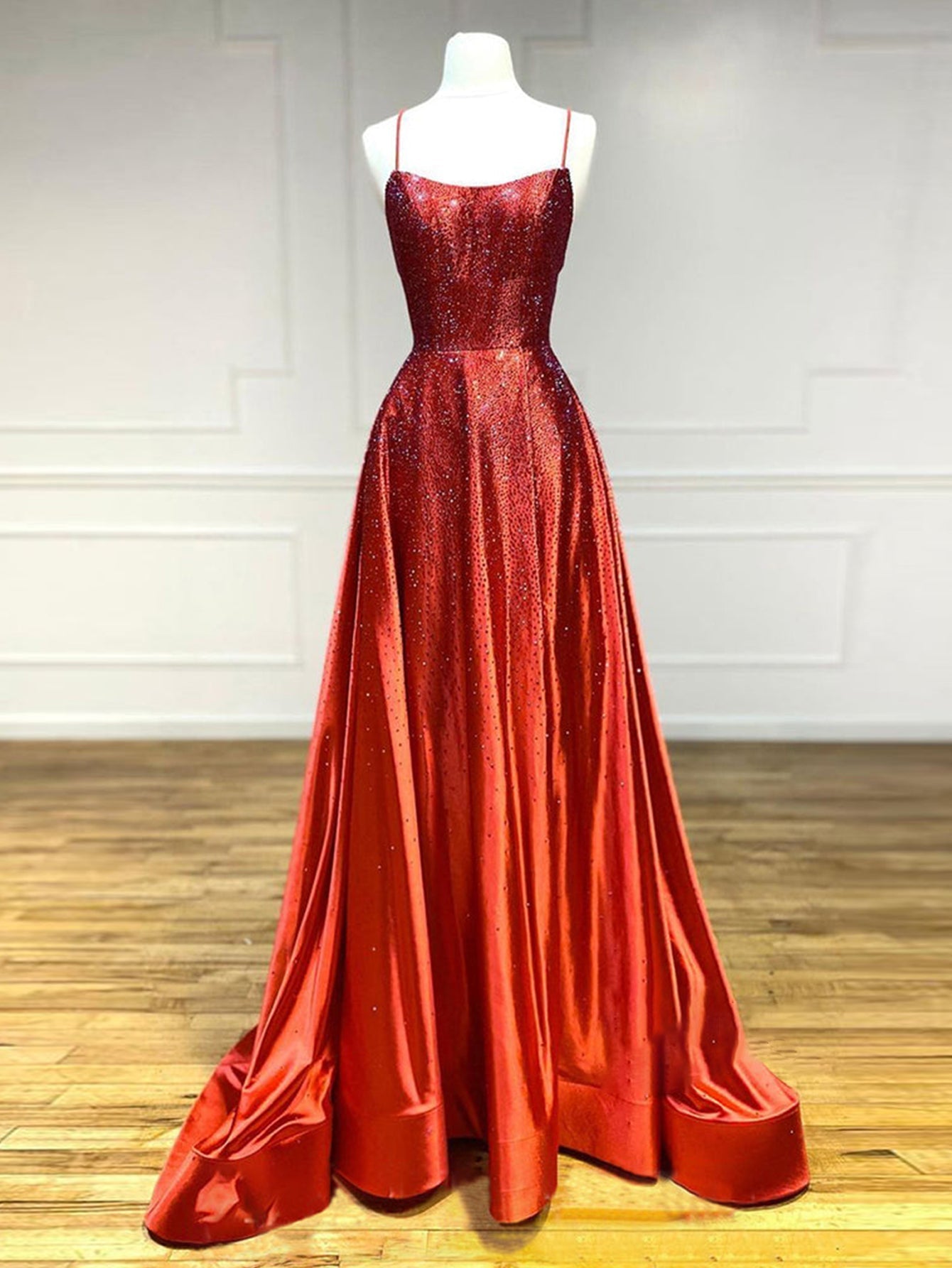 Red Sparkly A Line Long Prom Dress