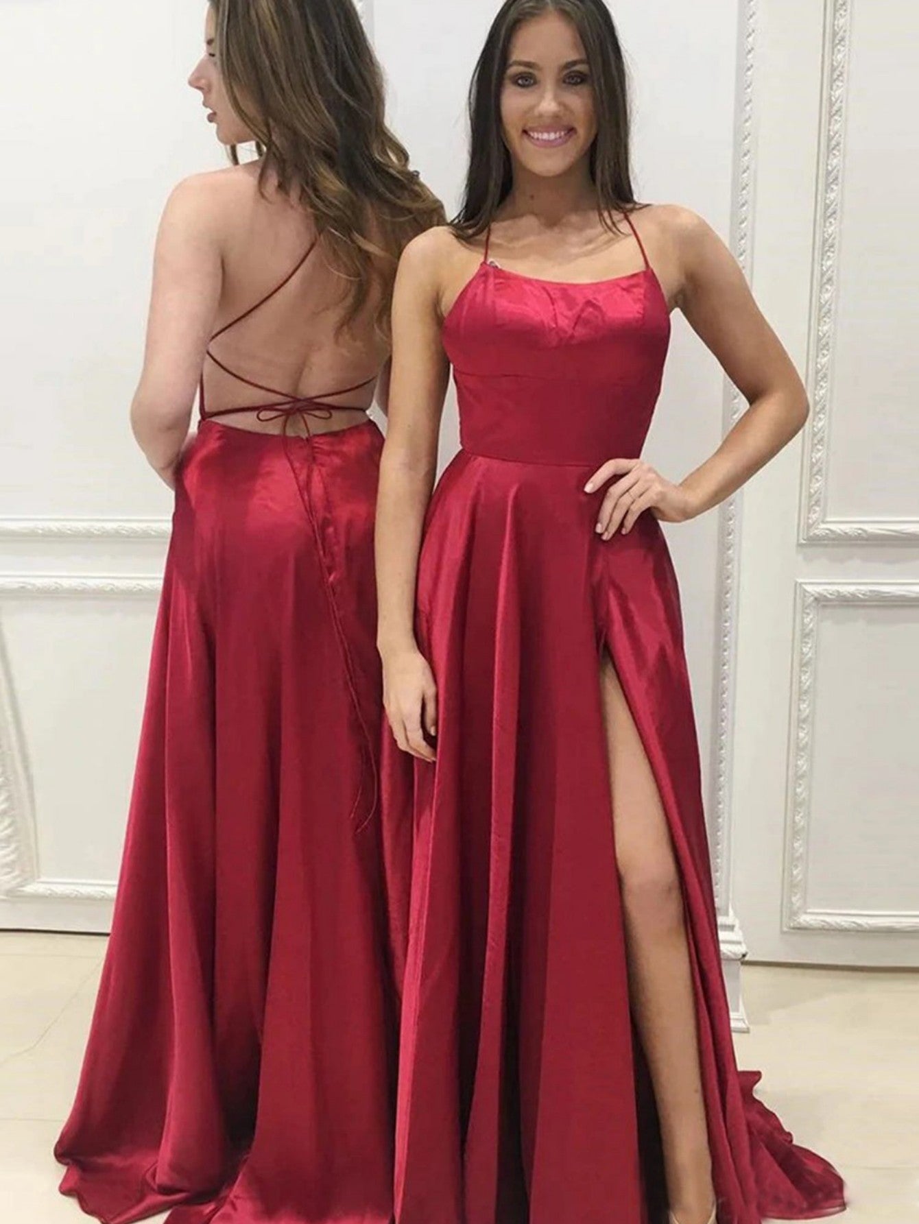 Pink Satin A Line Long Prom Dress With Slit