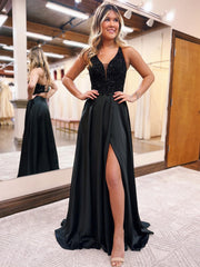 Black V Neck Glitter Sequins Long Prom Dress With Slit