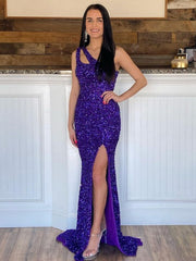 Glitter Mermaid One-Shoulder Purple Long Prom Dress with Sequins