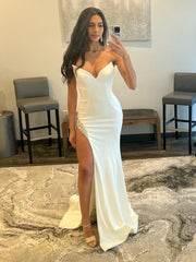 White Strapless V Neck Long Prom Dress With Slit