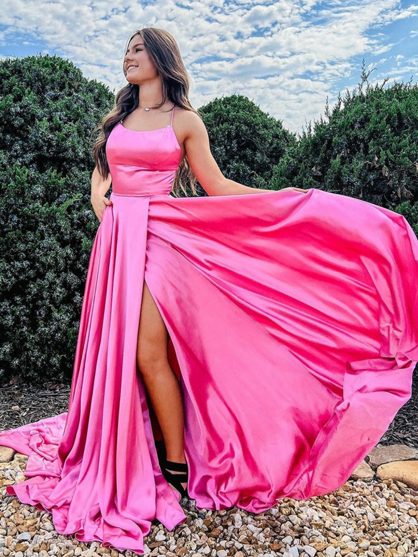 Pink Satin A Line Long Prom Dress With Slit