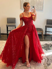 Spaghetti Straps Embroidery A-Line Red Long Prom Dress
