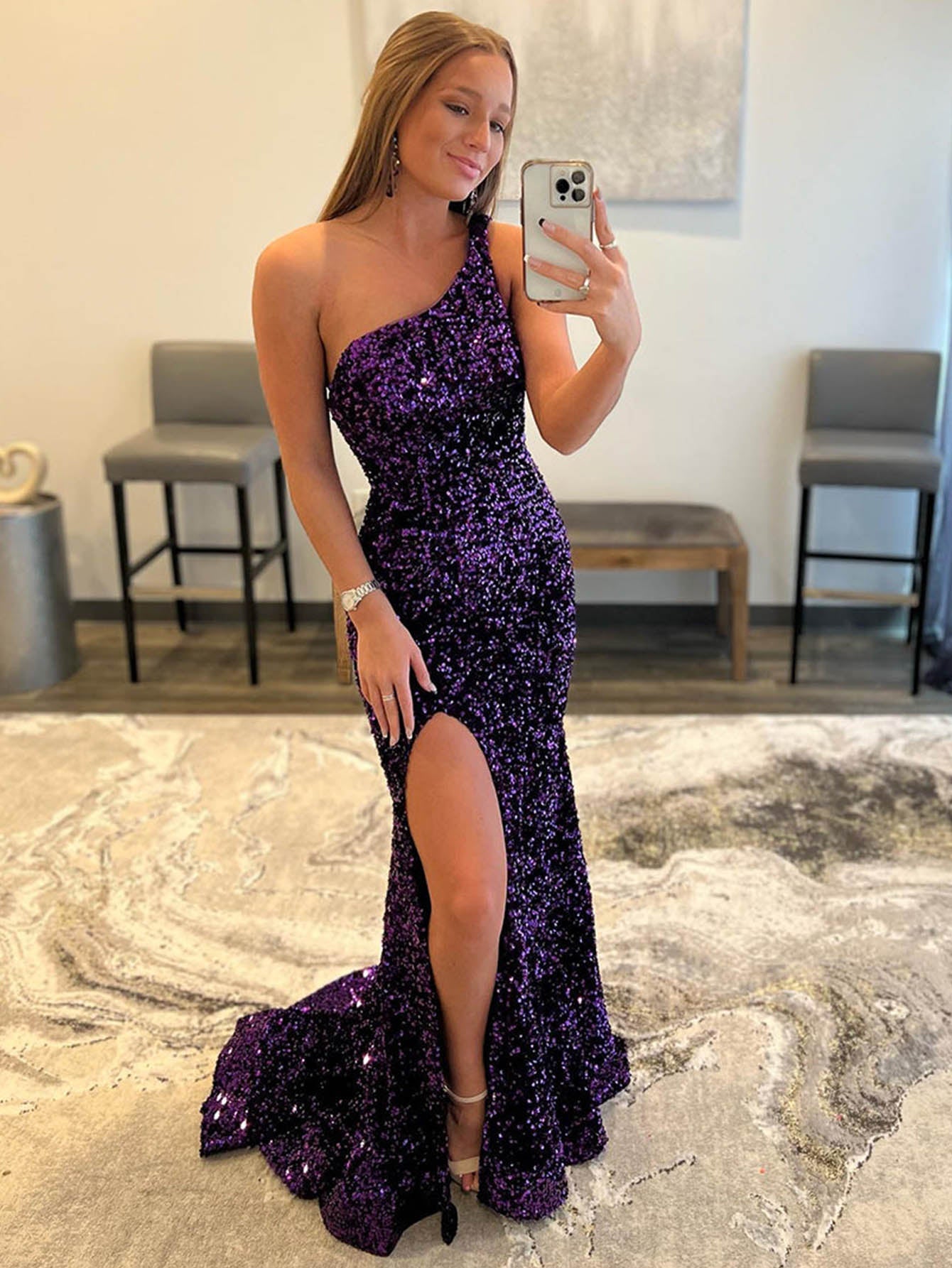 Glitter Mermaid One Shoulder Purple Long Prom Dress