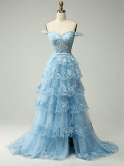 Light Blue A-Line V Neck Tiered Long Prom Dress