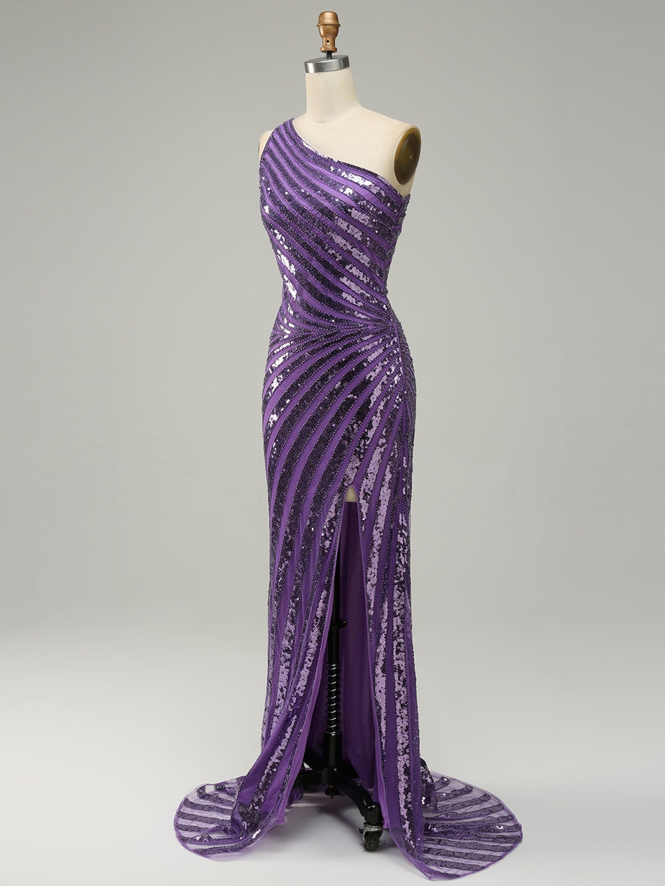 Purple Glitter Mermaid Sparkly One Shoulder Unique Long Prom Dress